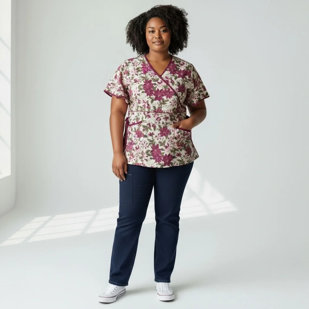 NWT SCRUBS Holiday Poinsettia Scrub Top - Picture 1 of 8